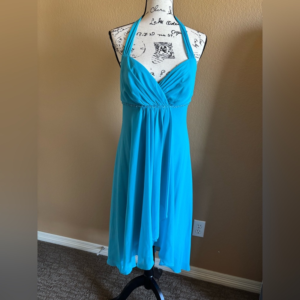 David's Bridal Blue Ruched Halter Sundress